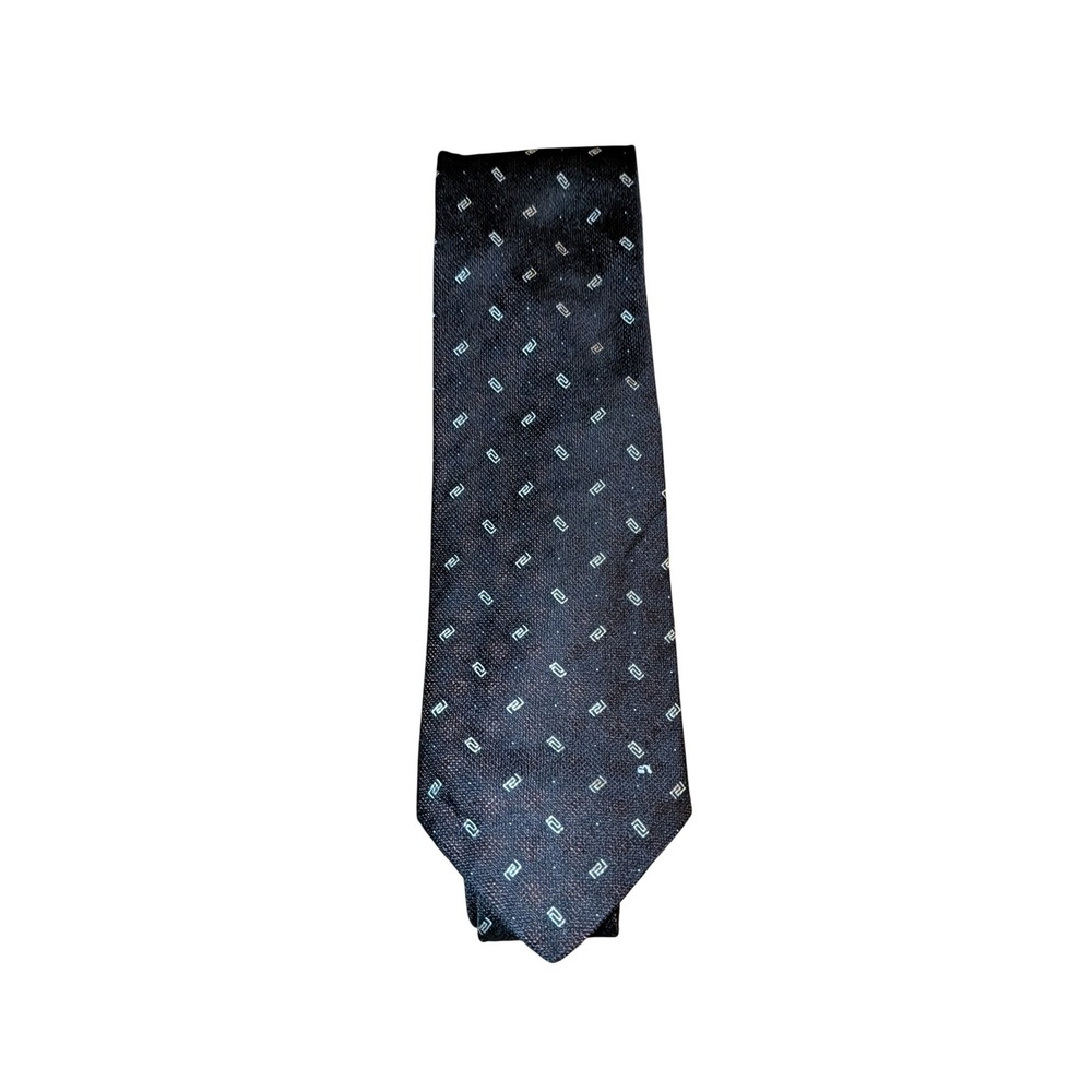 Versace Mens Dark Brown Silk Geometric Greek Key Pattern Necktie Made in Italy